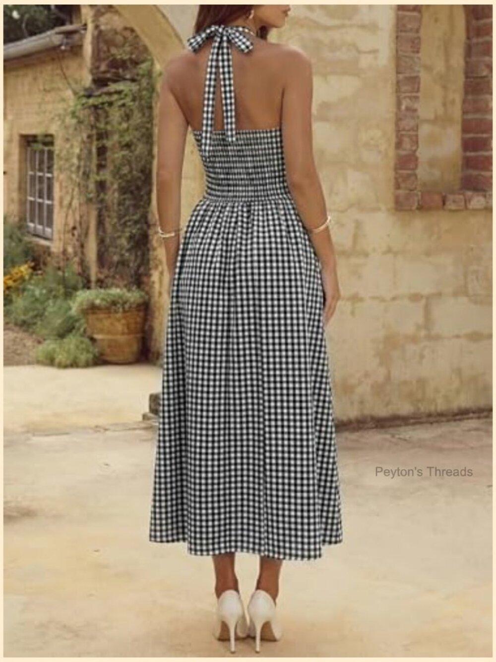 Halter V Neck Corset Maxi Dress Plaid Smocked Tie Back Backless Drop Waist - Picture 3 of 7